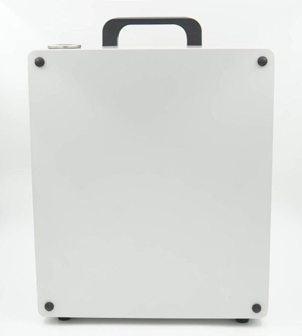 Aluminum air purifier with a sleek white design, black handle, and four rubber feet for stability. Compact and modern air filtration device for clean indoor air.