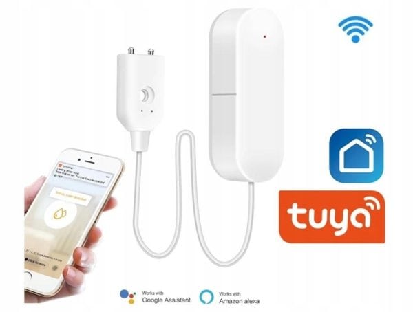 Smart water leak detector connected to smartphone via Wi-Fi for real-time alerts and remote monitoring, compatible with Google Assistant and Amazon Alexa.