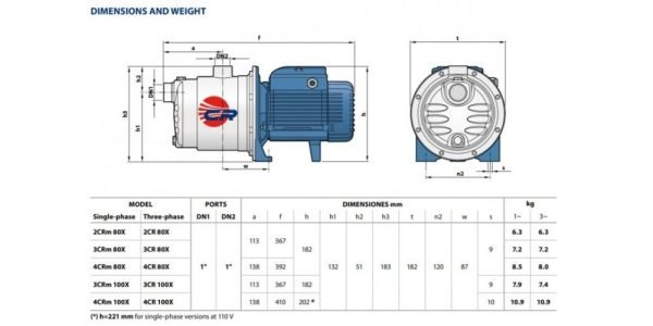 High-performance industrial pump with detailed technical specifications and dimensions, ideal for water filtration and pump systems.