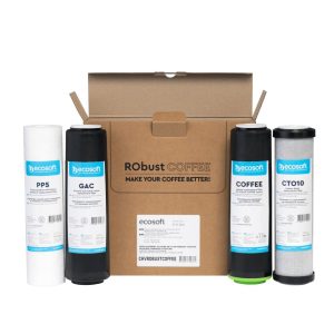 Replacement water filters set for coffee machine, includes PP5, GAC, COFFEE, and CTO10 filters from ecosoft, designed to improve coffee flavor and filtration quality.