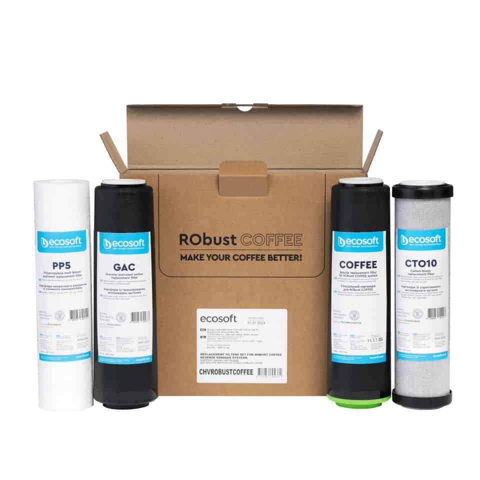 Replacement water filters set for coffee machine, includes PP5, GAC, COFFEE, and CTO10 filters from ecosoft, designed to improve coffee flavor and filtration quality.