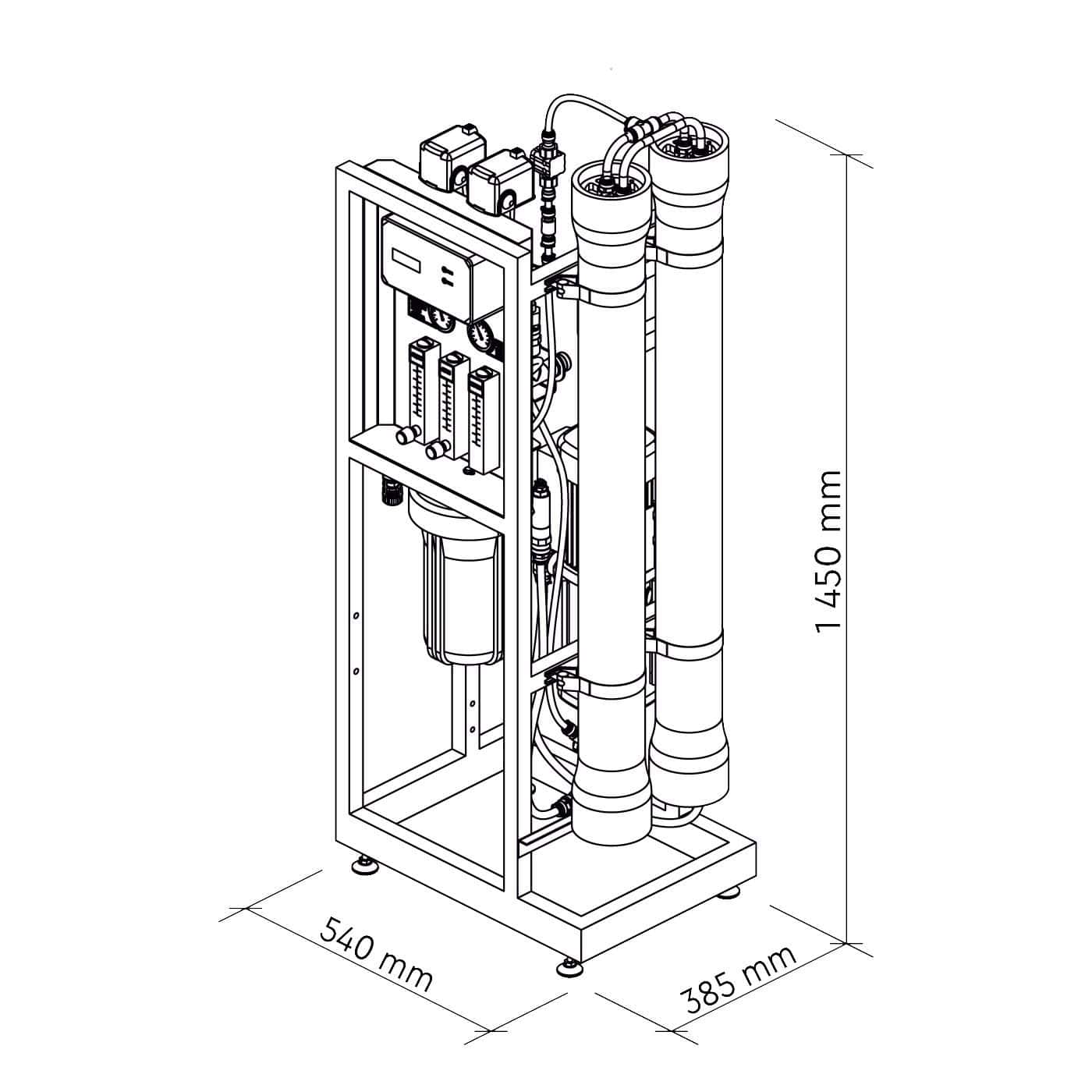 Compact reverse osmosis water filtration system with multiple filters and controls, designed for high-quality water purification; dimensions approximately 1450mm in height.