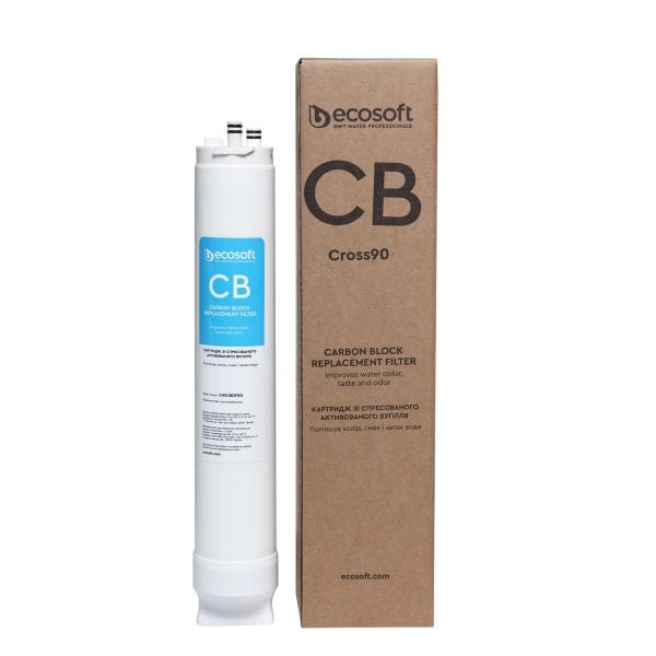 High-quality carbon block filter for water purification, EcoSoft CB Cross90, with packaging showcasing its features for improved water taste, color, and odor.