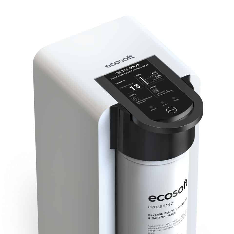 High-efficiency water filter for reverse osmosis systems, EcoSoft Cross Solo, with digital control display for optimal water purification and mineral balance.