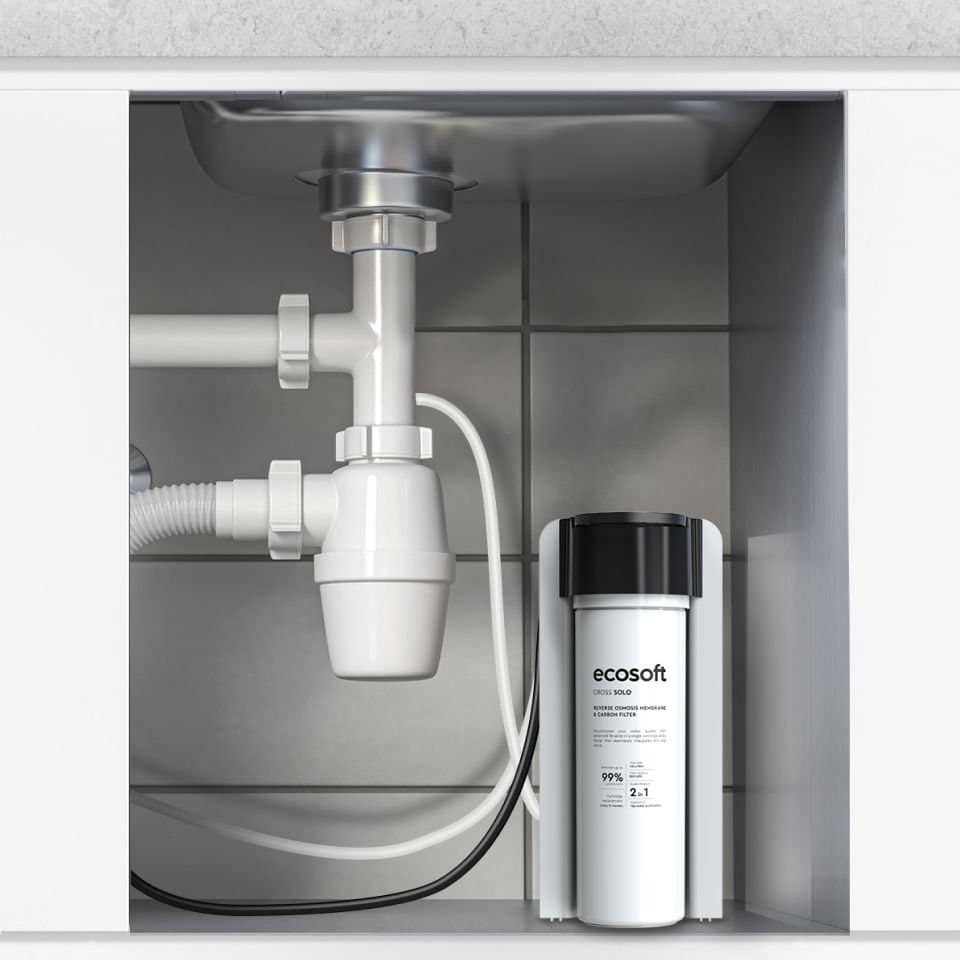 Replaceable under-sink water filter system for clean, filtered drinking water. Compact design with easy installation for modern kitchens. High-quality filtration for pure hydration.