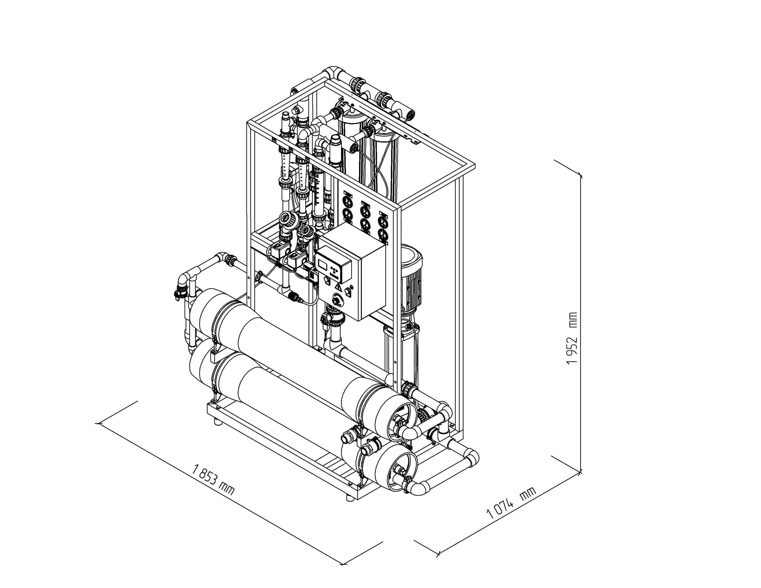 High-capacity industrial water filtration system with multiple pipes and control panel, designed for commercial or manufacturing water purification applications.