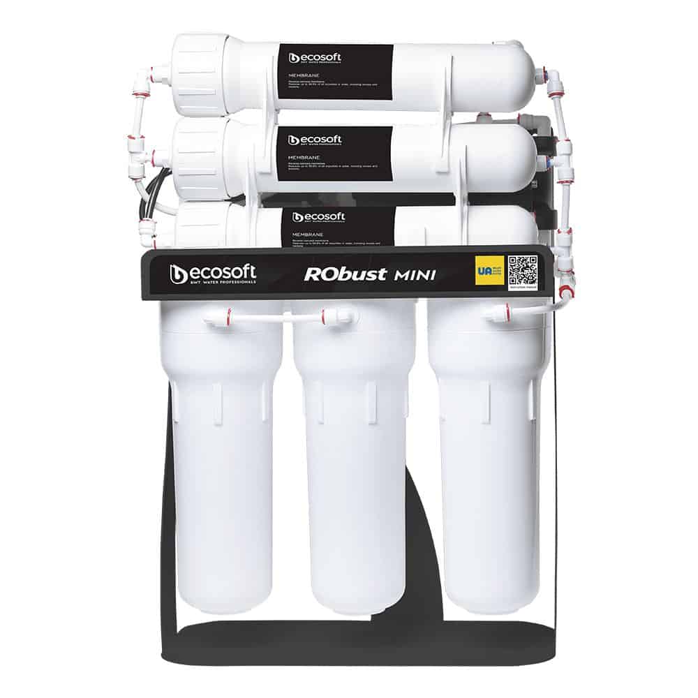 High-efficiency Ecosoft RO water filtration system with multiple filters for clean drinking water, ideal for home use.