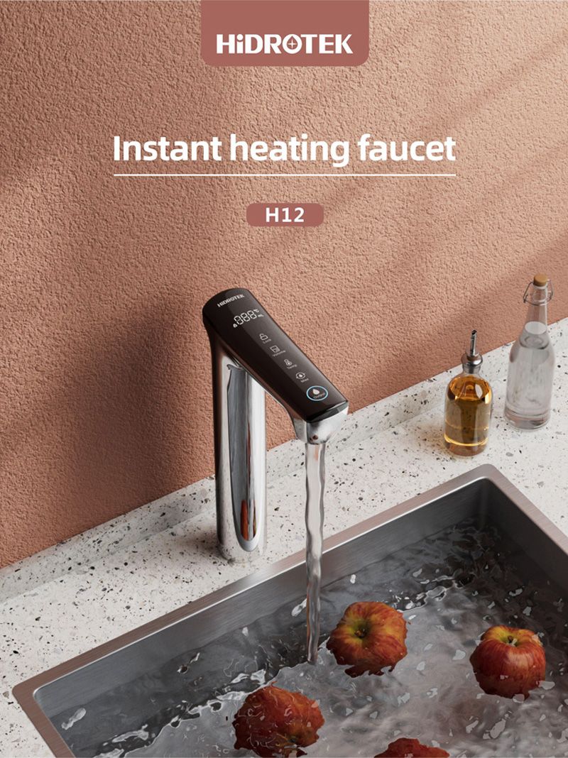Instant heating faucet with digital control displaying temperature, installed in modern kitchen with apples cooling in the sink, features sleek black design and user-friendly interface.