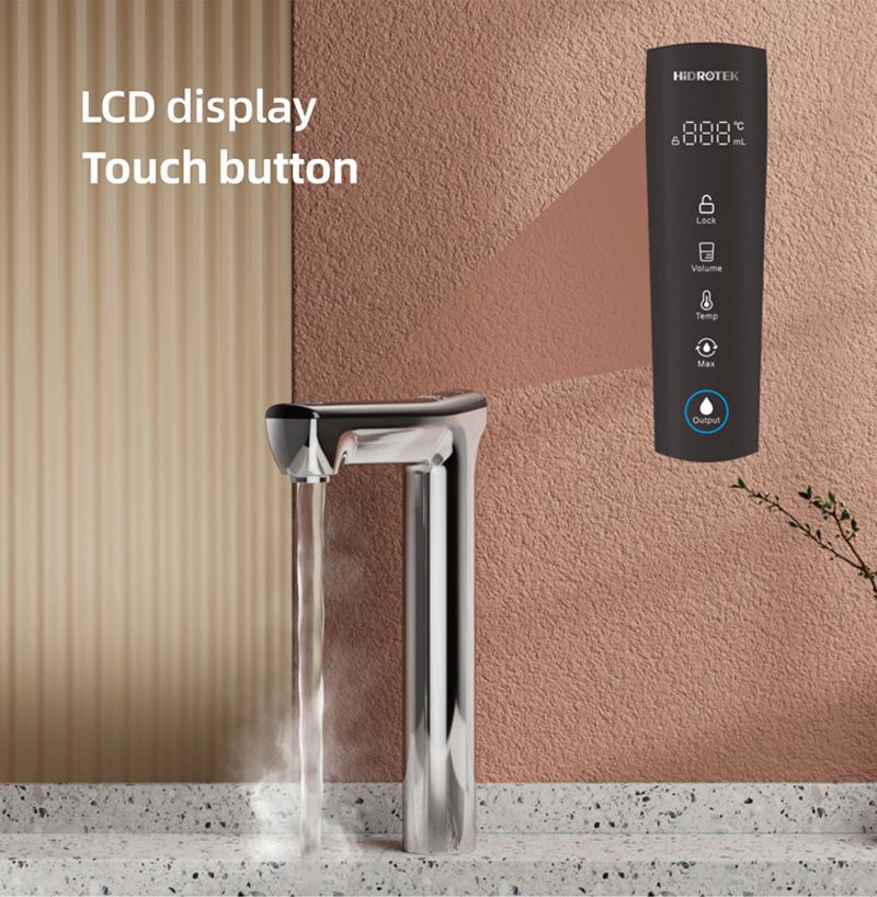 Filterplace.eu modern touch button LCD display water filtration system with digital control, wall-mounted, easy to operate, enhanced water purity, sleek design, and user-friendly features for home or office.