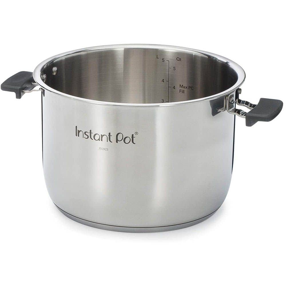 Stainless steel instant pot with measurement markings, black handles, and a sleek design, ideal for efficient cooking and food preparation.