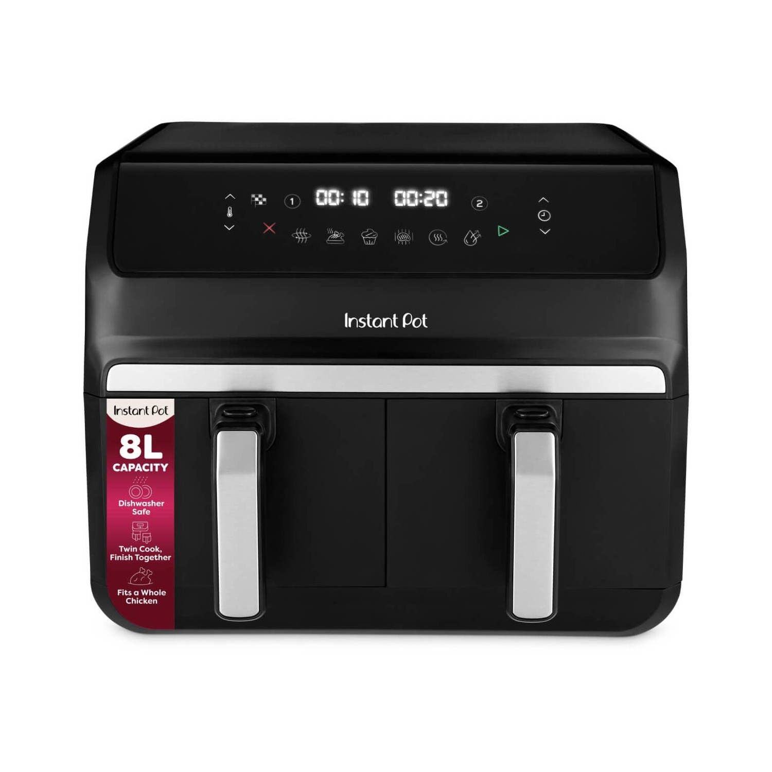 High-capacity black and silver Instant Pot air fryer with digital controls, multiple cooking functions, and a sleek modern design for efficient kitchen use.