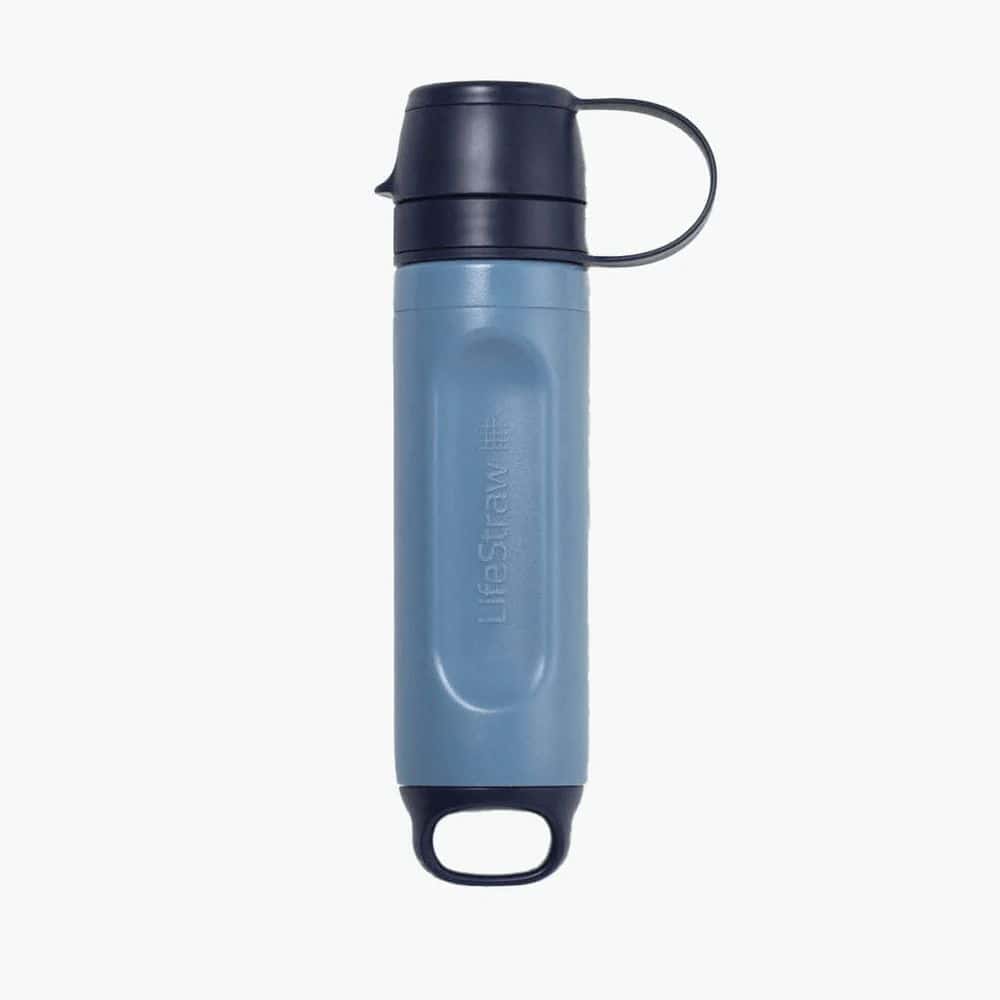 Stainless steel portable water bottle with black lid and handle, ideal for outdoor activities and hydration on the go.