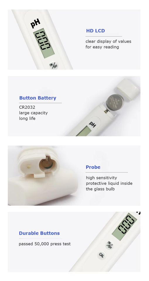 PH meter with HD LCD display for accurate water testing and analysis.
