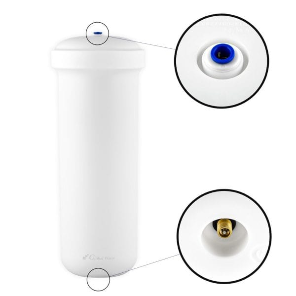 High-quality water filter housing with blue and gold fittings for reverse osmosis systems, durable and easy to install water filtration component.