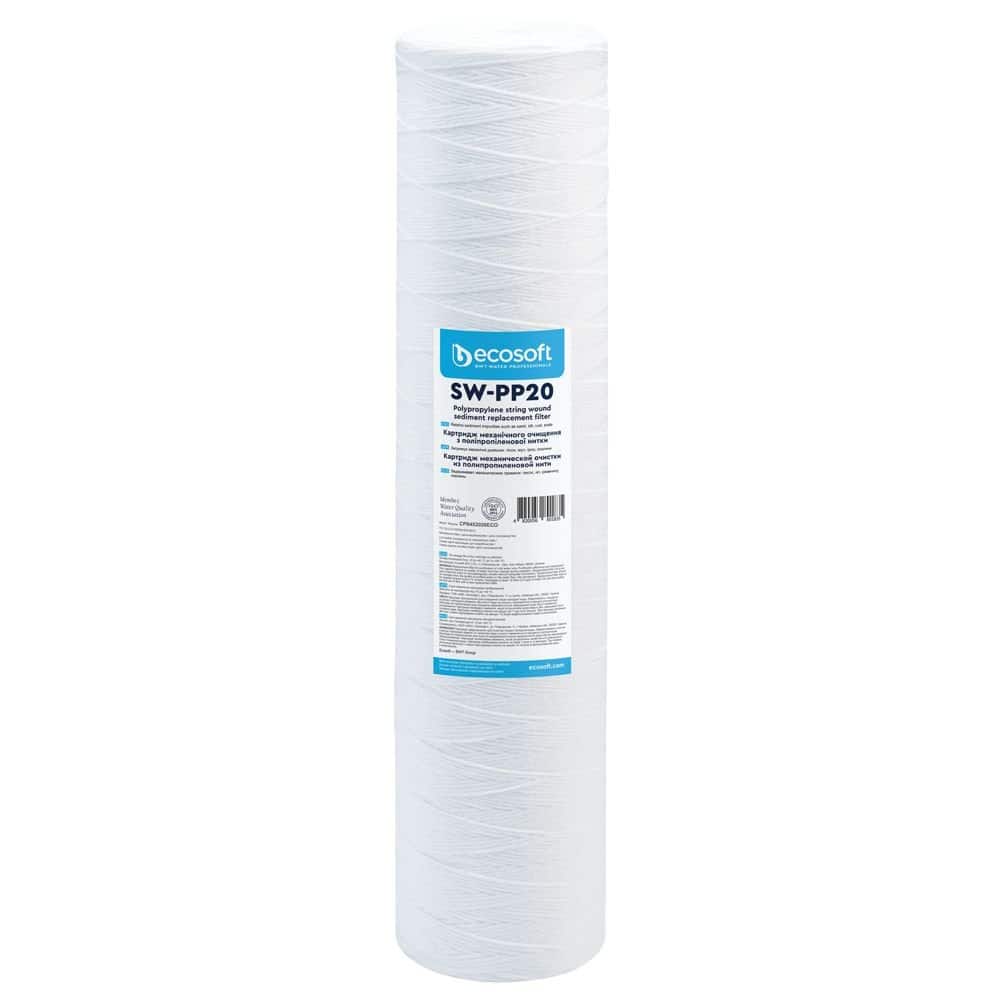 Polypropylene string wound sediment water filter cartridge SW-PP20 for industrial and residential water purification systems.