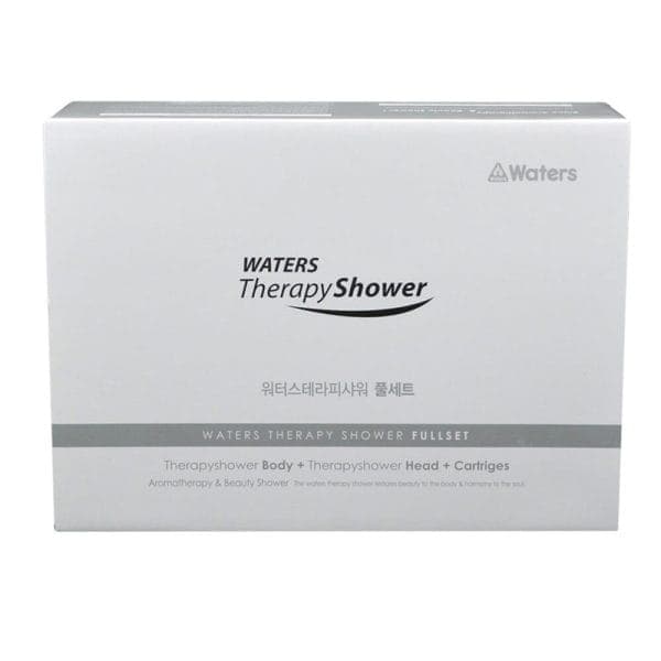 Silk bath set with WATERS Therapy Shower product packaging, promoting wellness, aroma, and beauty therapy.