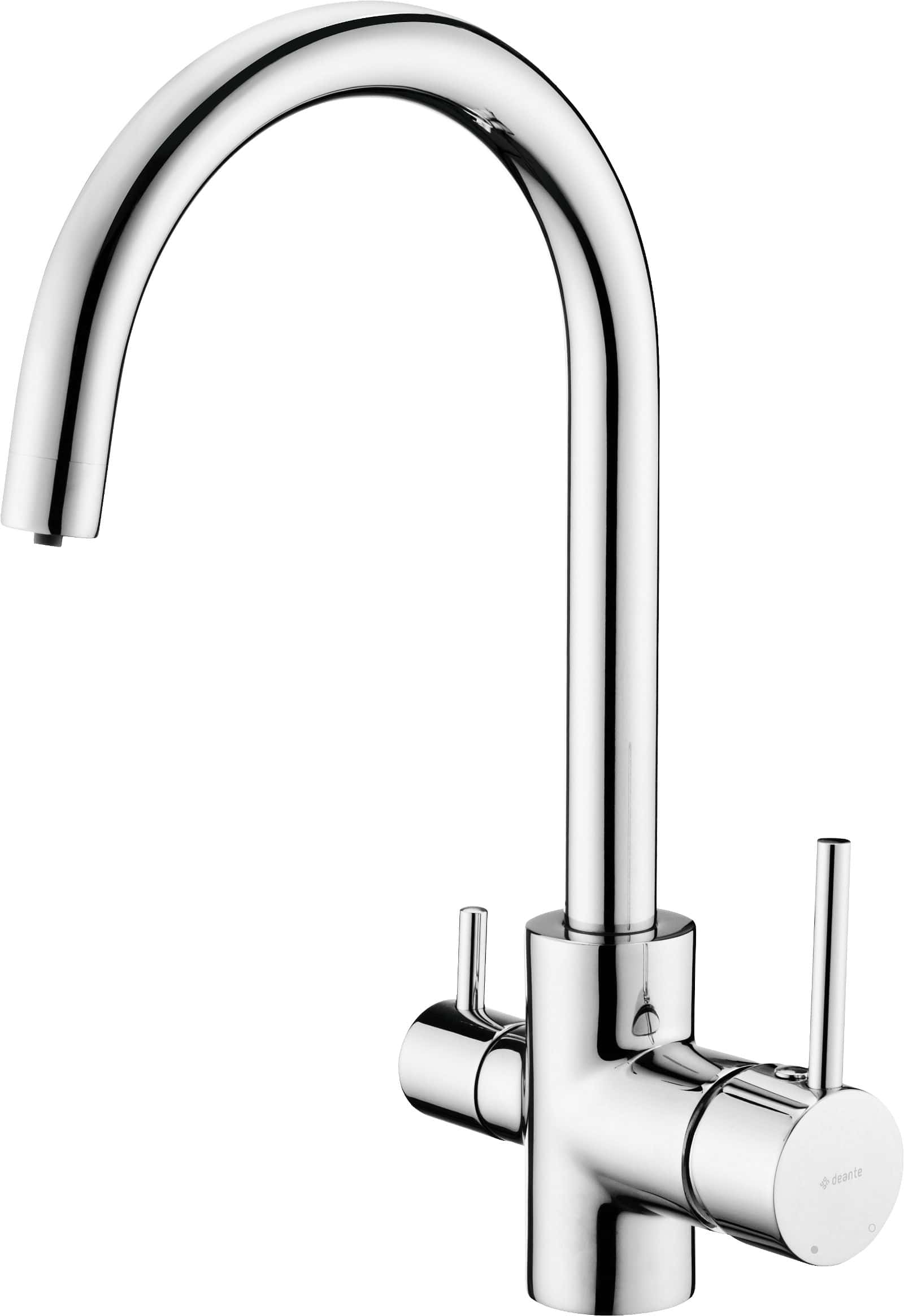 Flexible kitchen faucet with pull-out spray, modern chrome finish, and dual levers for temperature control - ideal for home and professional kitchens.