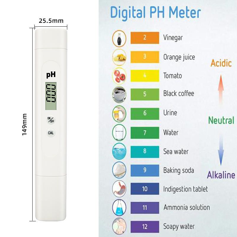 Digital pH meter for water testing, portable and accurate, ideal for measuring pH levels in various liquids including vinegar, orange juice, and seawater. Suitable for water filtration system monitoring.